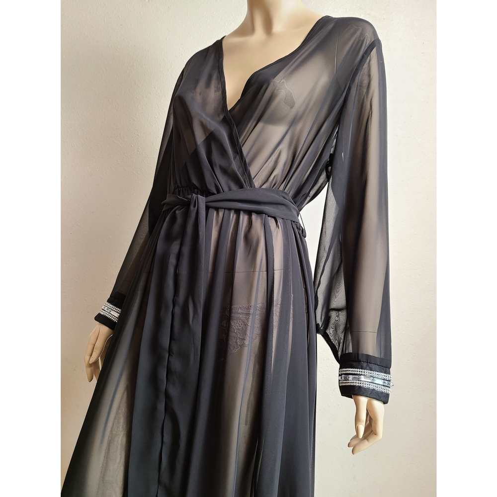 Sheer Faux Wrap Robe w/ rhinestone trim - Picture 4 of 8